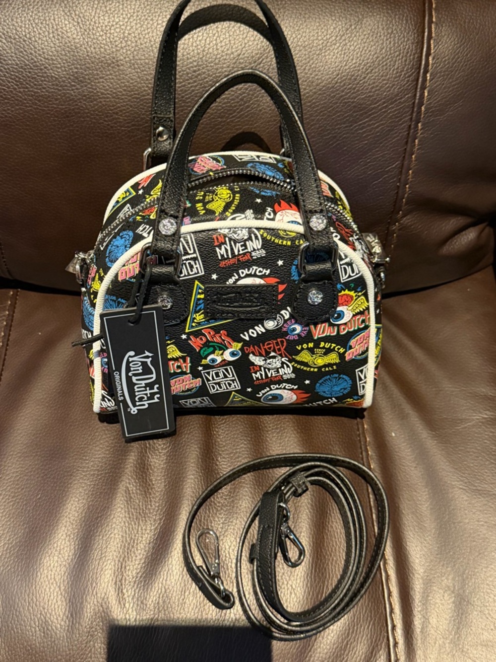 Von Dutch Black Multicolor Graphic Dome Satchel